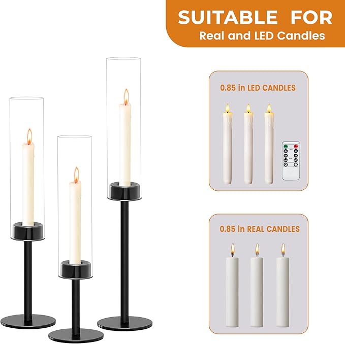 Taper Candle Holder Set, Black with Glass Hurricane – Modern Candlestick Holders for Dining Room Decor, Wedding Decor, Fall Centerpieces for Tables, Warmly Gift for Halloween and Christmas Season.