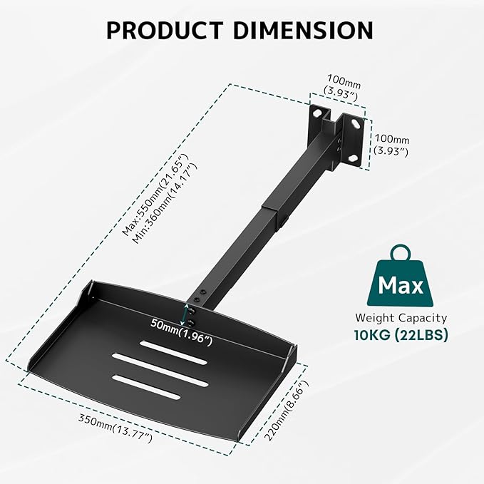 Projector Ceiling Mount with Tray, Adjustable Height Universal Bracket with Concealed Cable Management, No Hole Installation, Holds up to 22 lbs – Ideal for Home Theater & Office (Black)