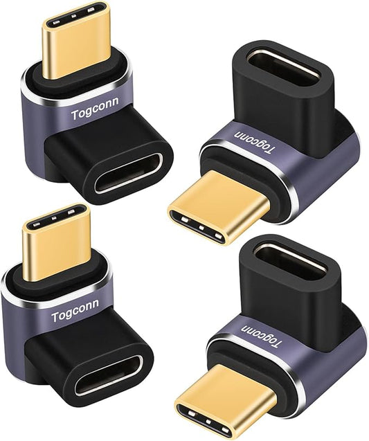 90 Degree Right Angle USB C Adapter (4 Pack), USB Type-C Male to Female Extender Connector, 40Gbps, 8K@60Hz Compatible with MacBook Pro/Air, iPhone 15/15 Pro Max, iPad Pro, Tablet, Phone, More