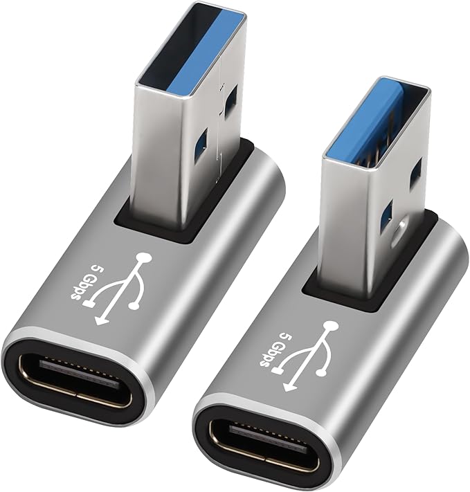 90 Degree USB to USB C Adapter 2 Pack,Middle Left and Right Angle USB C Female to A Male Charger Connector Converter USB L Shape Extender, Support Charge & Data Sync for PC, Laptop, Mouse, Keyboard