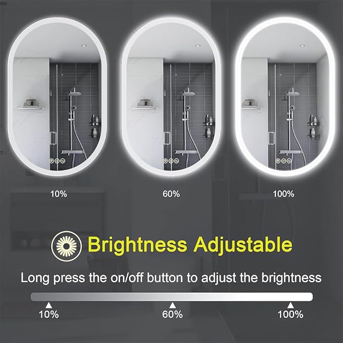 Bathroom LED Oval Mirror, 24 x 36 inches, Wall Mount, 3 Colors, Stepless Dimmable, Anti-Fog, Backlit, Frameless Frosted Edge, Home Mirror