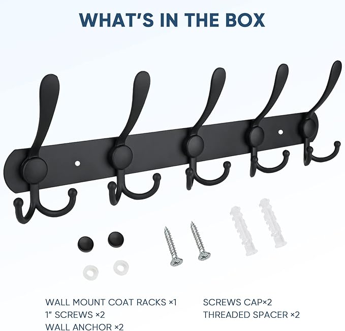 TICONN Wall Mounted Coat Rack, Five Heavy Duty Tri Hooks All Metal Construction for Jacket Coat Hat in Mudroom Entryway (Matte Black, 1-Pack)