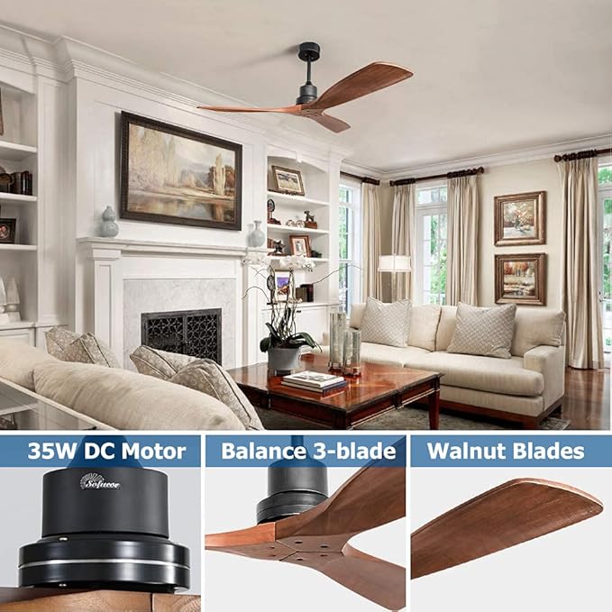 Sofucor Ceiling Fan no Lights, 52 Inch Low Profile Flush Mount Modern Wood Ceiling Fan with Remote for Indoor Farmhouse Bedroom Living Room Outdoor Patio Porch, Reversible DC Motor, Noiseless