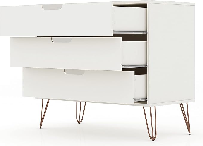 Manhattan Comfort Rockefeller 3 Drawer Dresser for Bedroom Storage, Nursery, Closet, Living Room, Entryway, TV Stand for Screens up to 32 Inches, Anti-Tip Kit Included, Set of 2, White
