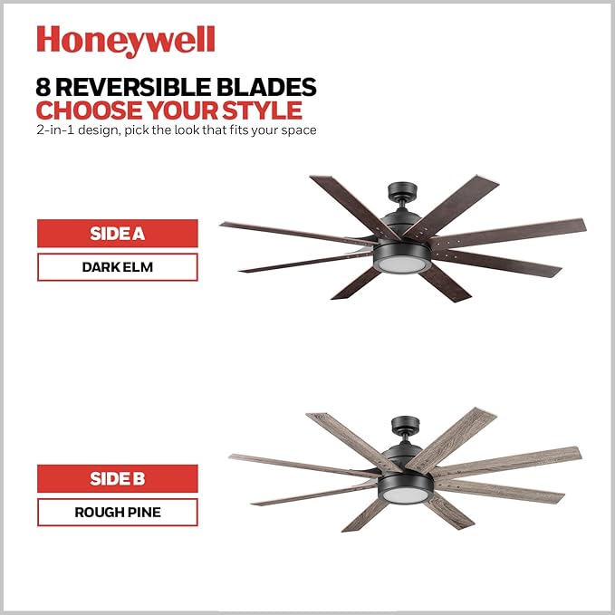 Honeywell Ceiling Fans Xerxes Modern 62 Inch Ceiling Fan with Light, Remote Control Fan, LED Indoor Fan with 8 Blades, Dark Elm and Rough Pine Blade Finish Options, Bronze (50609-01)