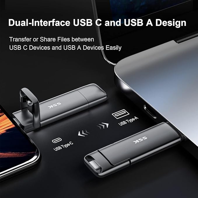 SSK 2TB SSD USB C Stick up to 1000MB/s,Fast External SSD Dual Drive Type-C + USB A 3.2 Gen 2 Solid State Thumb Drive,USB Memory Stick for iPhone 15/PS4/Android Phone/Tablet/Windows/Mac, SD301 Pro
