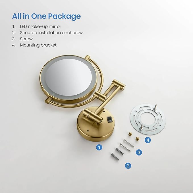 KIBI Circular Wall Mount Makeup Mirror with LED Lights, Dual-Sided 1x/5x Magnifying Mirror with Adjustable Arm, 360° Swivel, Solid Brass Construction for Durability and Style (Brushed Brass, KMM101)