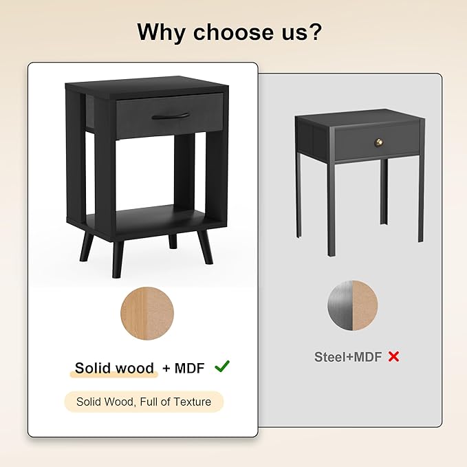 GYIIYUO Nightstands Set of 2 with Fabric Storage Drawer and Open Wood Shelf, Side Table with Storage for Bedroom, Night Stand with Drawer for Bedroom, Bedside Tables - Black 24" H