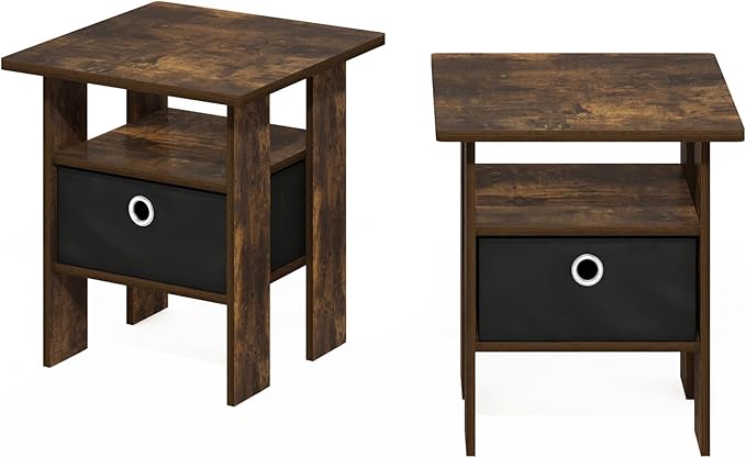 Furinno Andrey Side Table, Set of 2 End Table, Night Stand with Open Shelves and Storage Bin, Bedside Table, for Living Room, Bedroom, Amber Pine