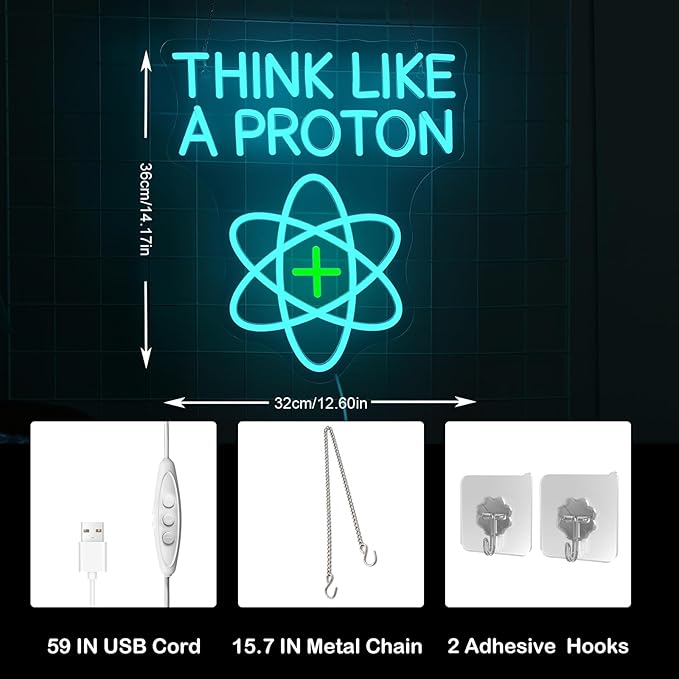 Think Like a Proton Neon Sign – Dimmable LED Wall Light with USB Power, 5V/2A – Science-Themed Room Decor for Kids, Students, Dorms, Offices, and Gift Ideas