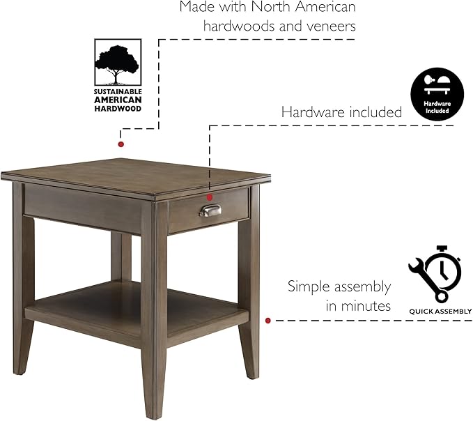 Laurent 20 in. Solid Wood End Table with Shelf and Drawer, Smoke Gray – Leick Home, 10507-GR