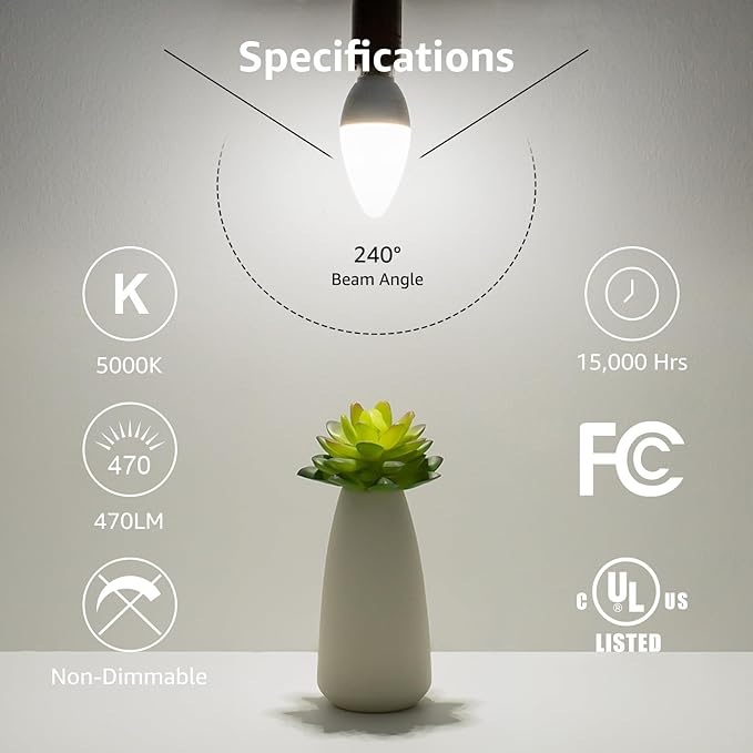 Lepro E12 LED Candelabra Light Bulbs, 5000 Kelvin Daylight White 5.5 watt, 40 watt Equivalent B11 C37 Ceiling Fan Bulb Chandelier Bulbs, Type B Small Base Candle Lights, Plastic, Not-dimmable, 6-Pack