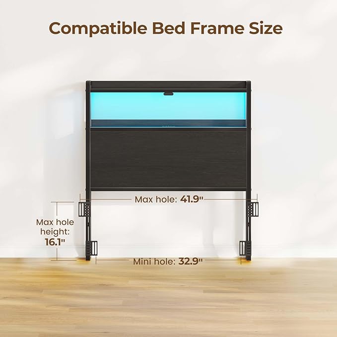 Rolanstar Headboard for Twin Size Bed with Storage, 60,000 DIY Color of LED Light, Head Board with USB & Type C Port, Height Adjustable, Black Cabeceras de Cama Comfortable Modern, Wood