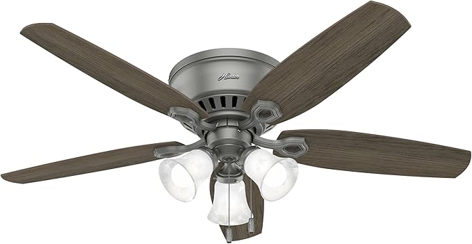 Hunter 52 inch Indoor Ceiling Fan with LED Lights - Ceiling Fan with Pull Chain, For Bedroom, Living Room, or Kitchen, Low Profile Mount, No Remote, 5 Blades - Builder 51113, Matte Silver