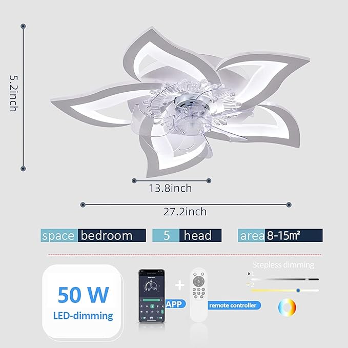 Low Profile Ceiling Fan with Lights,110v Modern Dimmable Flower Shape, Remote Control/app Control,Timing 6 Gear Speeds Fan Ceiling Lamp.