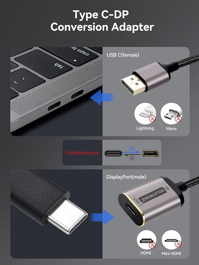 ELUTENG USB C to Display Port Adapter 4K@60Hz USB Type C 3.1 to DP Converter Uni-bidirectional USB C Female to DP Male Cord Compatible for iPhone 15 Series, MacBook, iMac, iPad Pro, Galaxy 7 inch