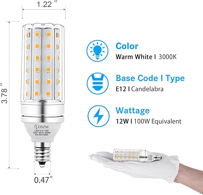 E12 LED Bulbs 12W Candelabra led Light Bulb,100 Watt Equivalent 1200lm Warm White 3000K E12 Base LED Chandelier Light Bulbs Non-Dimmable LED Corn Bulbs, Pack of 6