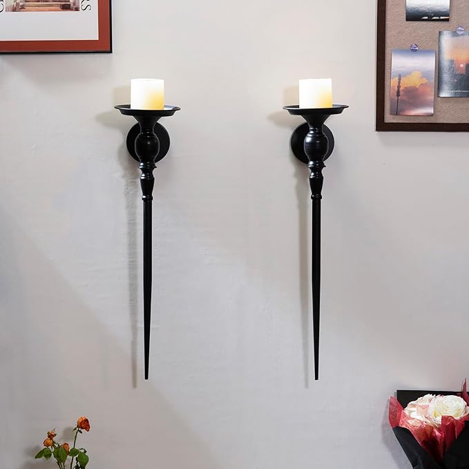 Wall Sconce Candle Holder Set of 2, Large Black Scepter Design Metal Wall Candle Holder, Home Wall Decoration for Living Room, Bathroom, Dining Room