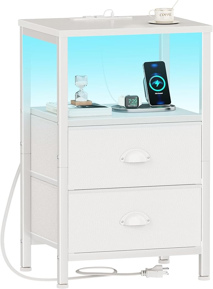 Furologee LED Night Stand with Charging Station, White Nightstand with Fabric Drawers, Bedside Table with Storage Shelf, End Table for Living Room/Bedroom/Dorm
