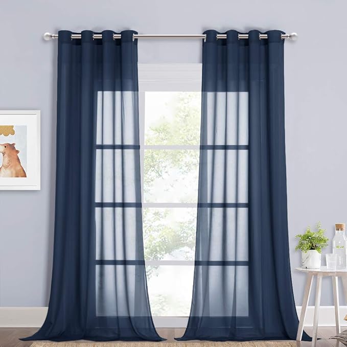 NICETOWN Chiffon Sheer Curtain Panels 96 inches Long, Soft Grommet Top Chiffon Sheer Window Treatment Curtains for Living Room (W55, Navy Blue, 2 Pieces)