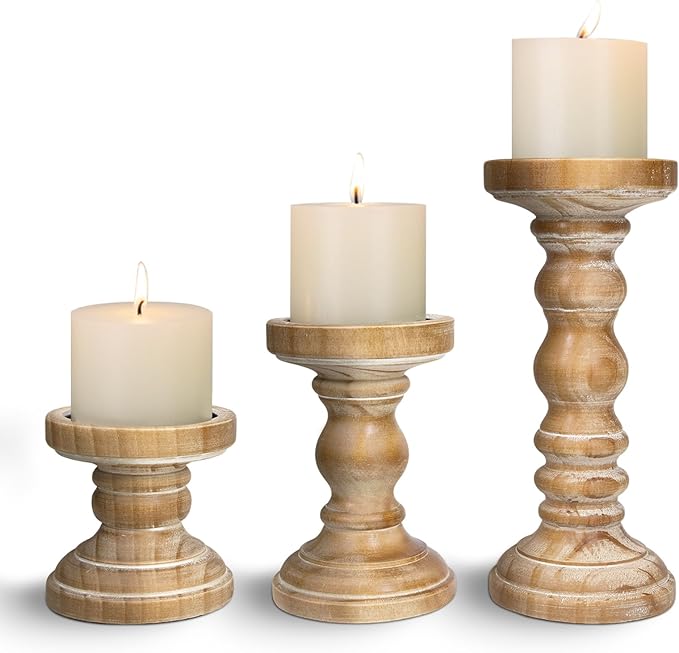 Candle Holder for Pillar Candle Set of 3, Farmhouse Wood Candle Holder, Rustic Wooden Candle Stand, Vintage Tall Candle Stand Decorative for Living Room, Table Centerpiece,Brown