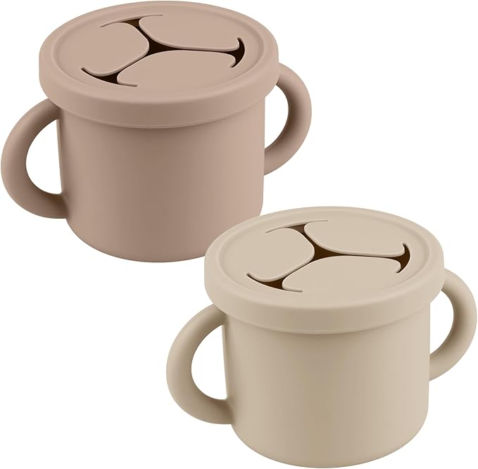 Snack Containers for Toddlers, Kids - 2 Pack Food Grade Silicone Snack Cups with Grip Handle (Sand/Natural)
