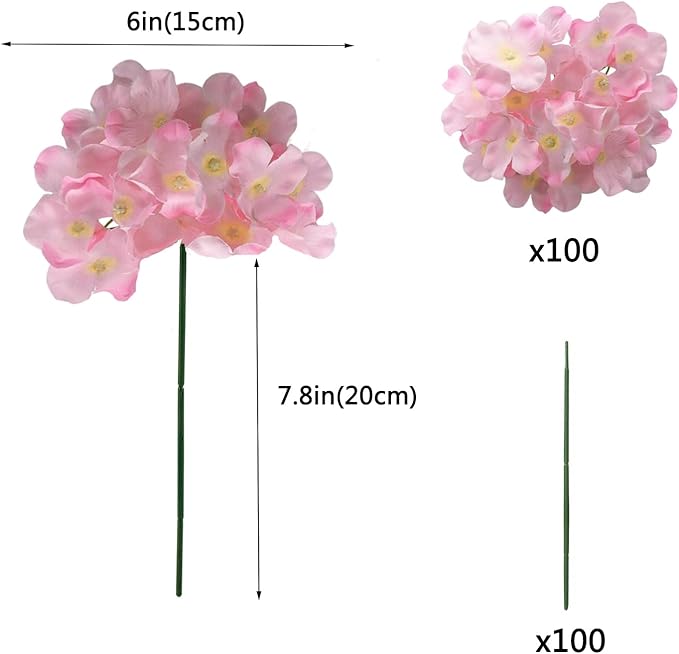 100PCS Artificial Hydrangea Flowers, Fake Flowers Silk Hydrangea Full Flowers Heads with Stems for Wedding Home Party Shop Baby Shower Decor (Baby Pink)