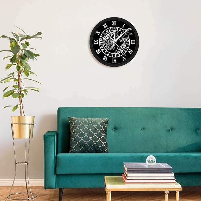 Geek Alerts Voice Control LED Lighting Clock, Cawing Black Crow with Roman Numerals Wall Clock Viking Odin Raven with Scandinavian Runes Silent Sweep Watch