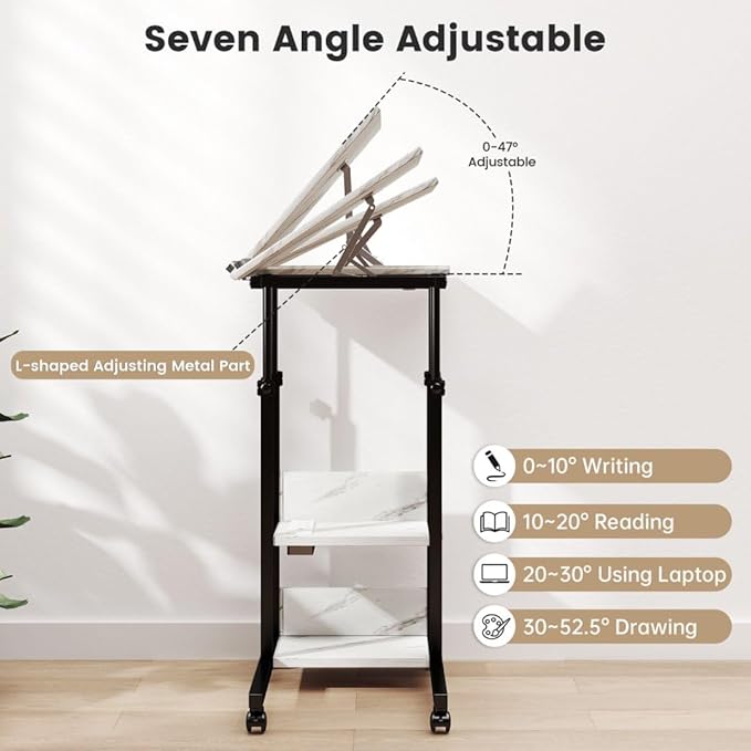 Hadulcet Adjustable C Table with Charging Station, Tiltable Desk C Shaped End Table for Couch, Over Bed Table with Wheels Adjustable Height, Hospital Table Laptop Stand Drawing Desk, Marble White