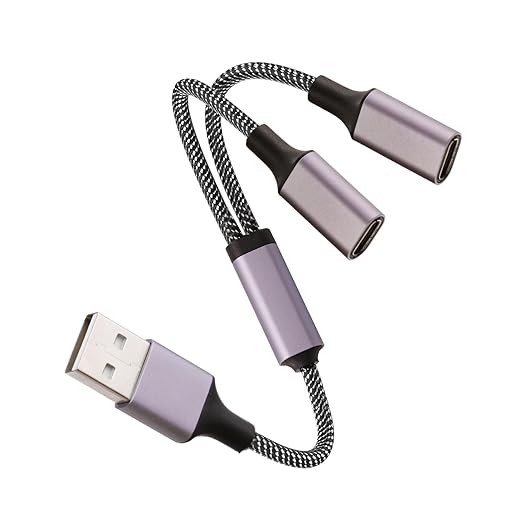 Fidioto USB A Male to Dual USB C Female Adapter(10 inch Long),USB Splitter 1 in 2 Out, Double Type-C Splitter Y Cable for iMac/iPhone 15/iPad Pro Air 4 5/PC/Samsung Galaxy S23 Etc(Grey)
