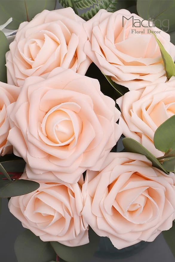 MACTING Artificial Flower Roses 30PCS Real Touch Fake Flowers with Stem Champagne Foam Roses for DIY Wedding Flower Bouquet Table Centerpieces Party Baby Shower Home Spring Mothers Day Decorations