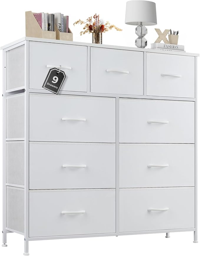 Sweetcrispy 9 Drawer Fabric Dresser Tall Chest Storage Organizer Tower with Cabinet Metal Frame and Wood Top Lightweight Nursery Closet Furniture for Bedroom,Cream White