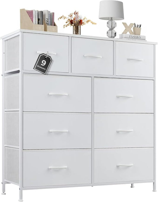 Sweetcrispy 9 Drawer Fabric Dresser Tall Chest Storage Organizer Tower with Cabinet Metal Frame and Wood Top Lightweight Nursery Closet Furniture for Bedroom,Cream White