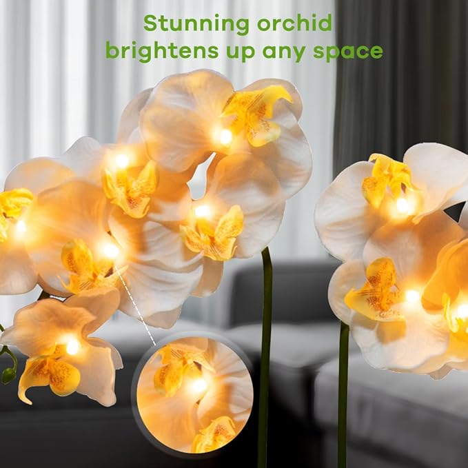 Orchid Lamp-LED Lighted Orchid Arrangements,Pre Lit Artificial Orchid,Light Up Flower Lights, Faux Orchid Phalaenopsis Arrangement (15", White)