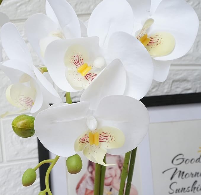 Orchids Artificial Fake Flowers with Vase for Table Centerpieces, Fake Orchids in Pots Orquideas Real Touch Flowers Large Vivid Faux Phalaenopsis White Orchid Plant Indoor Room Decoration