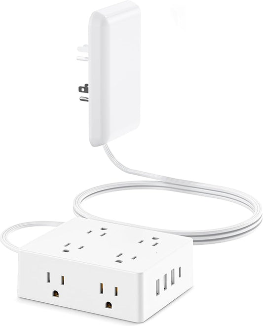 Flat Extension Cord with Outlet Cover, Olcorife Flat Plug Power Strip with 8 Outlets and 4 USB Ports, 2000 Joules Surge Protector, 10 FT Cord Hidden Outlet Extender for Tight Spaces