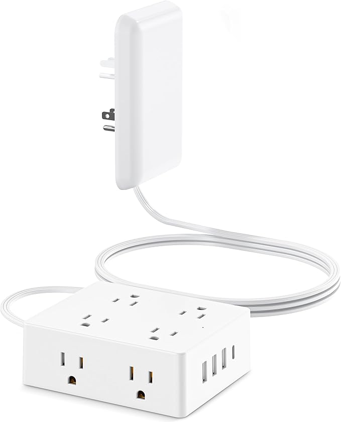Flat Extension Cord with Outlet Cover, Olcorife Flat Plug Power Strip with 8 Outlets and 4 USB Ports, 2000 Joules Surge Protector, 3 FT Cord Hidden Outlet Extender for Tight Spaces