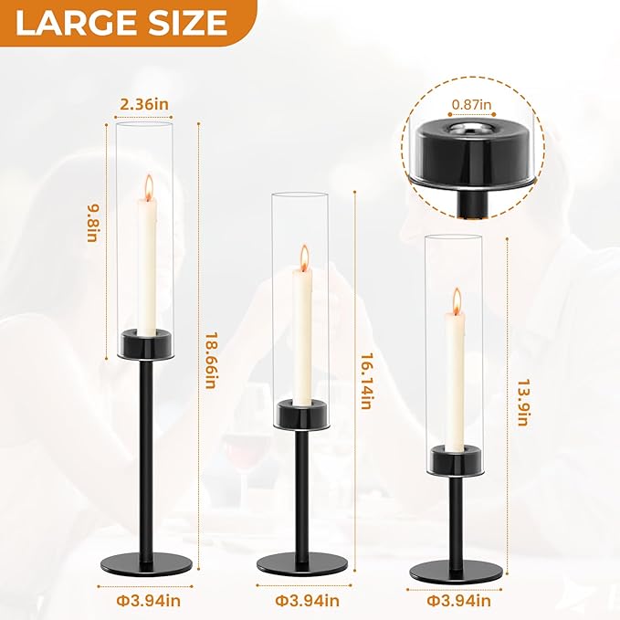 Taper Candle Holder Set, Black with Glass Hurricane – Modern Candlestick Holders for Dining Room Decor, Wedding Decor, Fall Centerpieces for Tables, Warmly Gift for Halloween and Christmas Season.