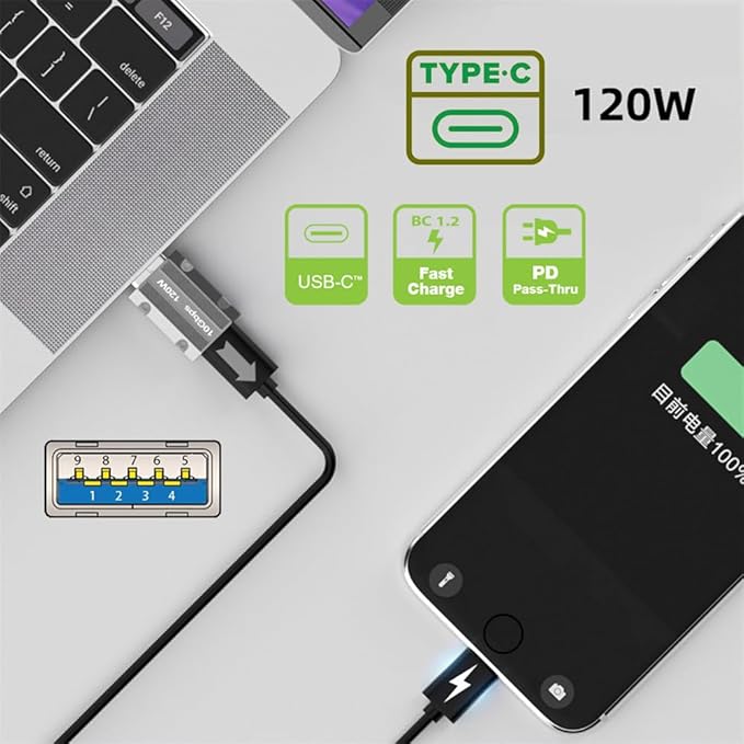 NFHK USB-C USB 3.1 Type C Female to USB 3.0 A Male 10Gbps Data 120W Power Adapter Alloy Shell for Laptop Tablet Mobile Phone