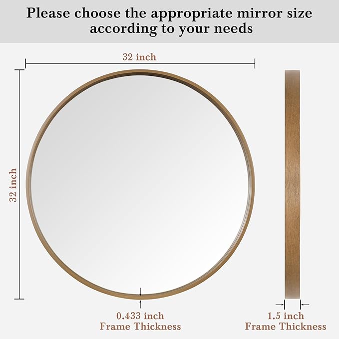 WallBeyond Round Wood Mirror, 32" Round Modern Decoration Large Circle Wall Mirror for Bathroom Living Room Bedroom Entryway, Honey