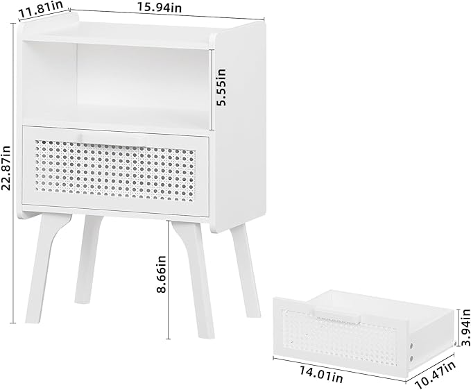Lerliuo Rattan Nightstands Set of 2, Side Table with Drawer Open Shelf, Cane Accent Bedside End Table with Solid Wood Legs, Mid Century Modern Night Stand for Bedroom, Dorm and Small Spaces (White)