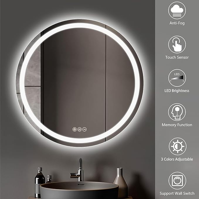 Wall-Mounted LED Round Bathroom Mirror, Makeup Mirror (24 inches x 24 inches,) 3 Color Stepless Dimmable Memory Bathroom Vanity Mirror with Lights CRI90+ 3000-6400K Smart Mirror with Touch