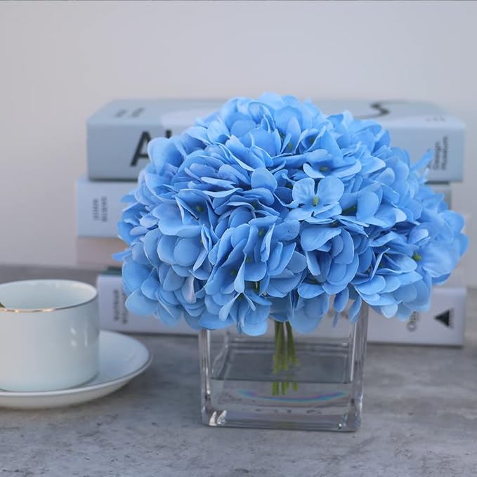 Silk Blue Artificial Hydrangea in Vase with Faux Water, Silk Flower Arrangements in Vase for Home Decor, Wedding Table (Blue)