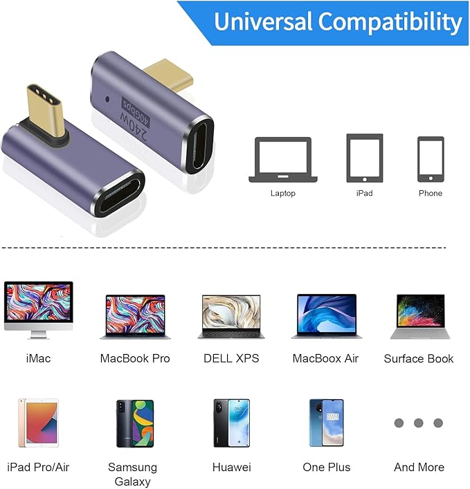 USB C 90 degree, Right Angle Adapter, Female to Female Adapter 240W PD, 40Gbps and 8K video]supports Thunderbolt 4/3 cable for laptops, tablets and phones (2 packs) (240w right angle usb c adapter)