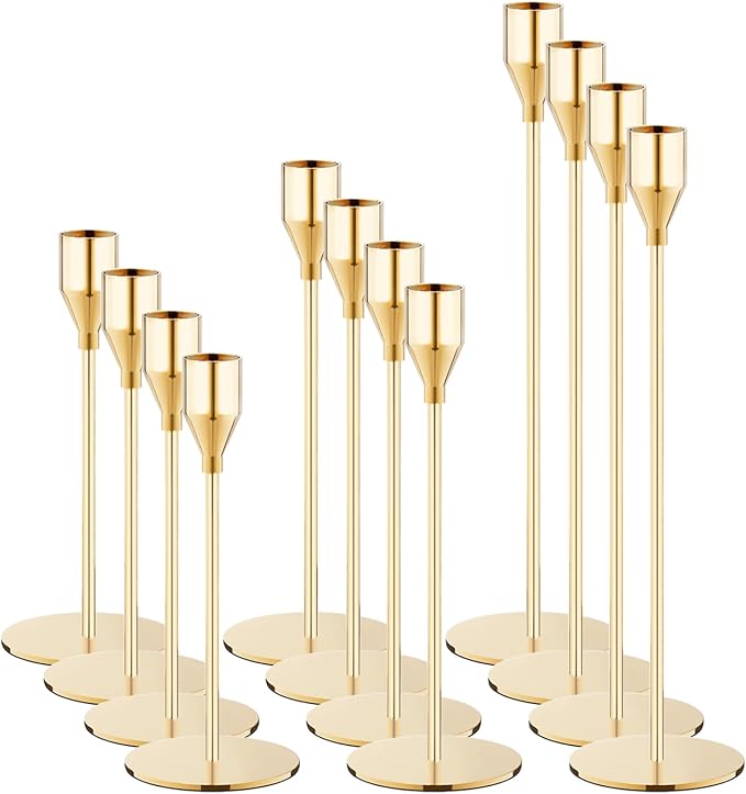 French Gold Taper Candle Holders Set of 12 Candlestick Holders Bulk，Metal Candle Stick Holder Decor for Wedding, Dinning, Party or Anniversary, Fits 3/4 Inch Thick Candle