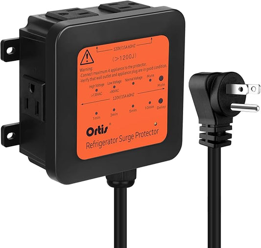 Ortis 4-Outlet Refrigerator Surge Protector, 1200J, Delay Start, Quick Reset, Audible Alarm & LED Indicators, Prevents Voltage Spikes, Surges & Power Outages, 1.3ft Cord, for 27+ cu. ft. Fridges