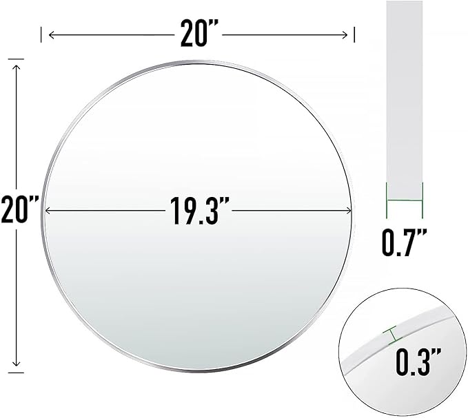 20" Round Mirror Circle Wall Mounted Hanging or Against Wall Metal Frame Dressing Make-up Mirrors for Entryway Bedroom Bathroom Living Room 20 inch Silver