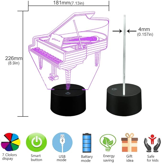 AZIMOM 3D Lamp Illusion Piano Night Light Decor 16Colors Changing Smart Touch Remote Control Optical Illusion Bedside Lamps Bedroom Home Decoration for Kids Boys & Girls Women Birthday Gifts