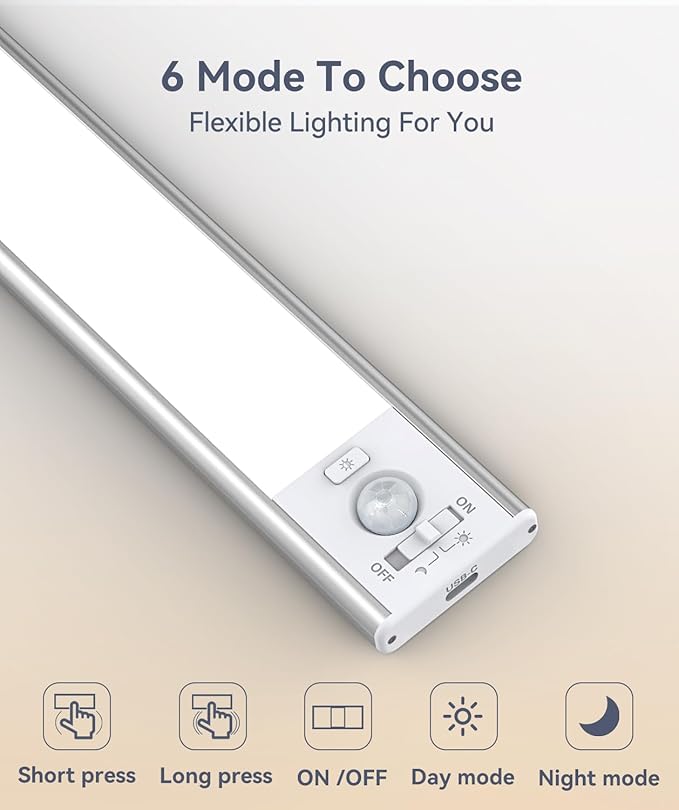 Under Cabinet Lighting, LED Motion Sensor Light Indoor, 2200mAh USB Rechargeable Closet Lights Battery Operated, Stick On Magnetic Wireless Dimmable Under Counter Lights for Kitchen(2 Pack)