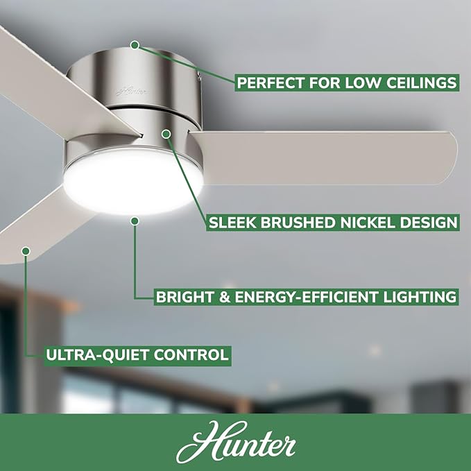 Hunter 44 inch Indoor Ceiling Fan with Light and Remote Control - For Bedroom or Living Room, Low Profile Mount, Modern Ceiling Fan with LED Light, Quiet, 3 Blades - Minimus 59454, Brushed Nickel